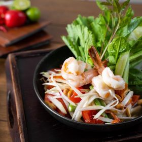 Goi tom du du cay Spicy green papaya salad roasted peanuts dried shrimp and fresh prawns 1